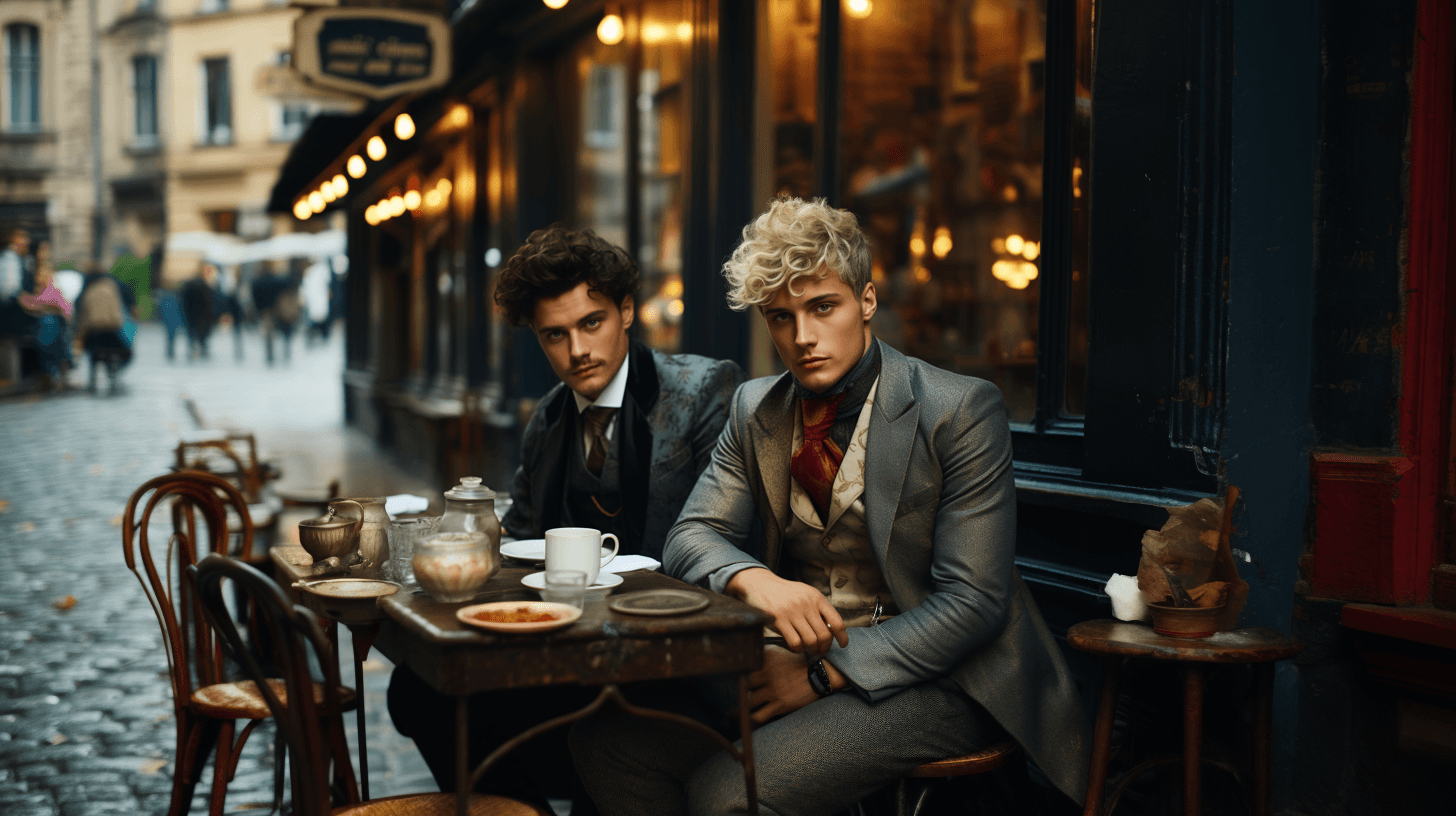 AI generated: two beautiful men sitting at a table , by Valerie Petts, tumblr, intricate fashion fantasy suit, blu...