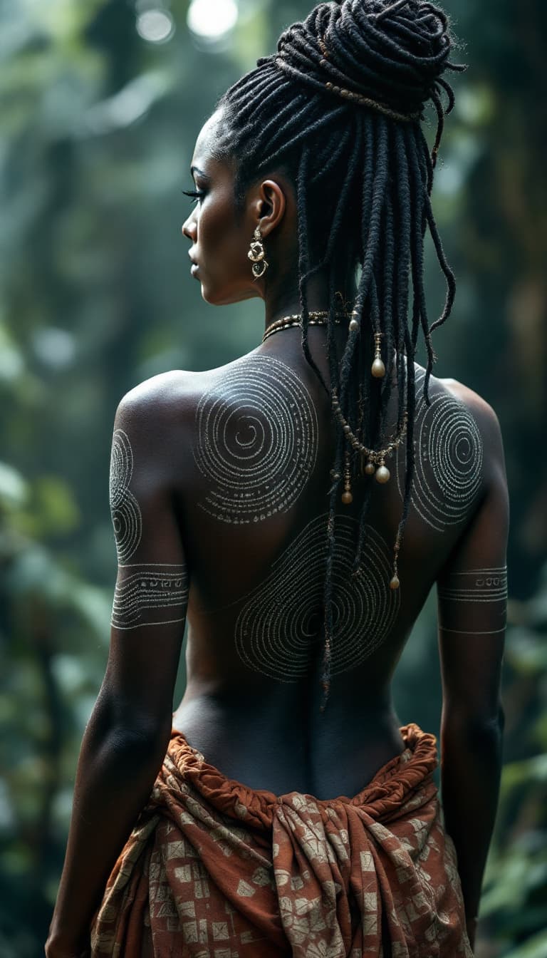 AI generated: Super detailed 8K Low-angle shot full-body portrait of a captivating female tribal shaman, back turn...