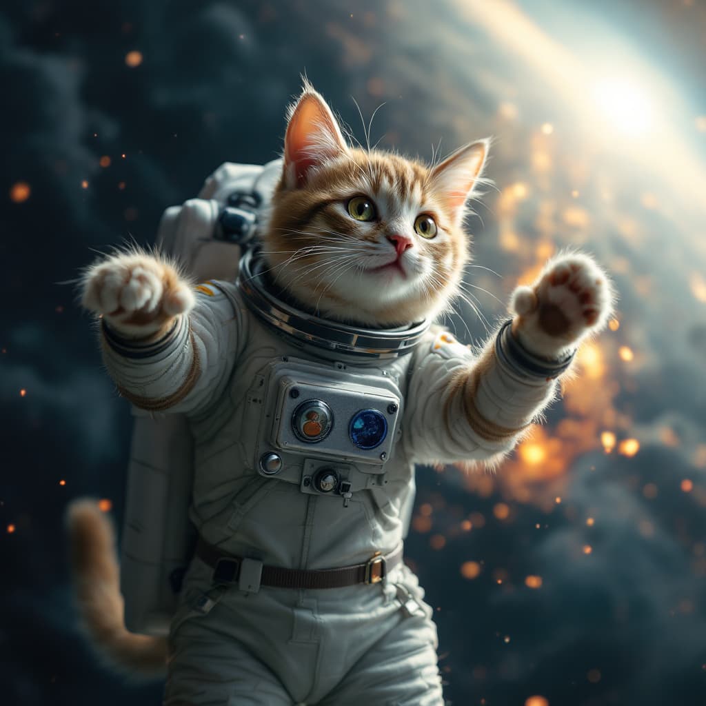 AI generated: An astronaut cat dances in space next to Angela Jolie