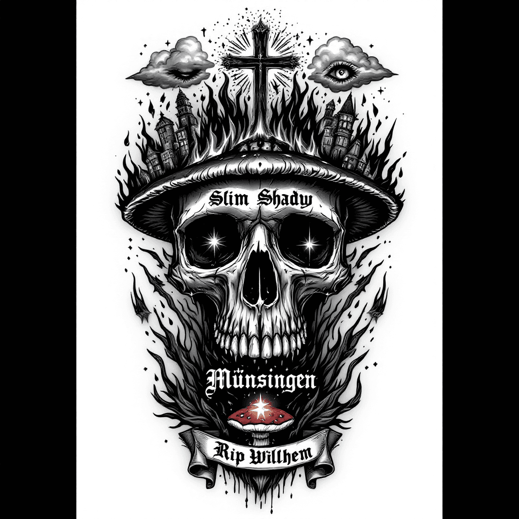 AI generated: realistic black and grey tattoo design, vertical composition for upper arm (shoulder to just above e...
