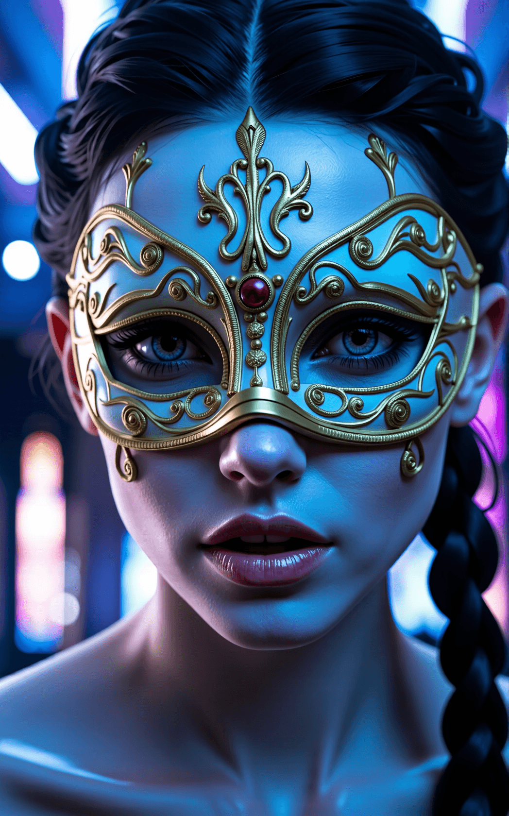 AI generated: An ultra-detailed macro portrait dominated by an ornate Venetian mask, filling the frame with obsess...
