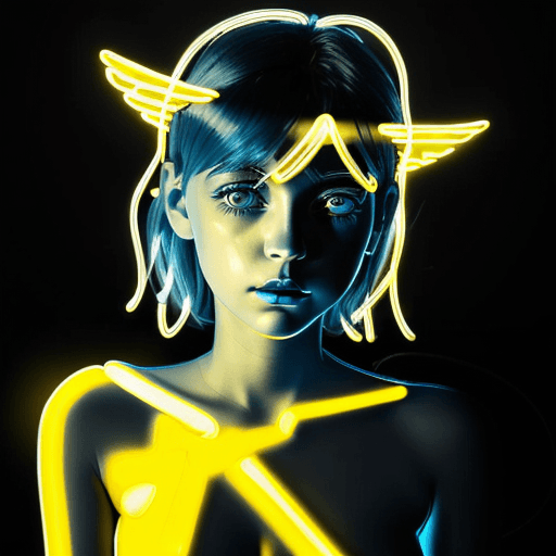 AI generated: a blue girl with gold angel halo head, in the style of neon realism, darkly romantic illustrations, ...