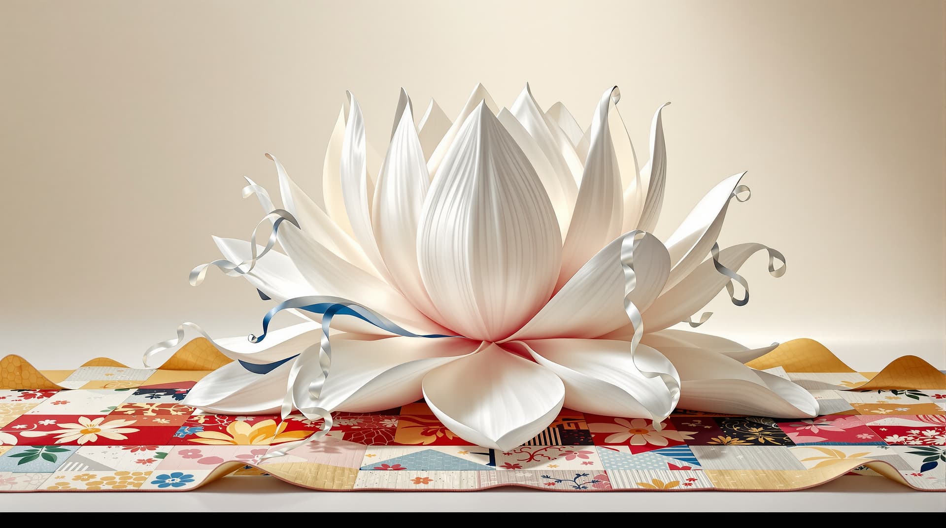 AI generated:  A hyper-realistic scene featuring a lotus-shaped sculpture crafted from glossy satin silk, with lon...