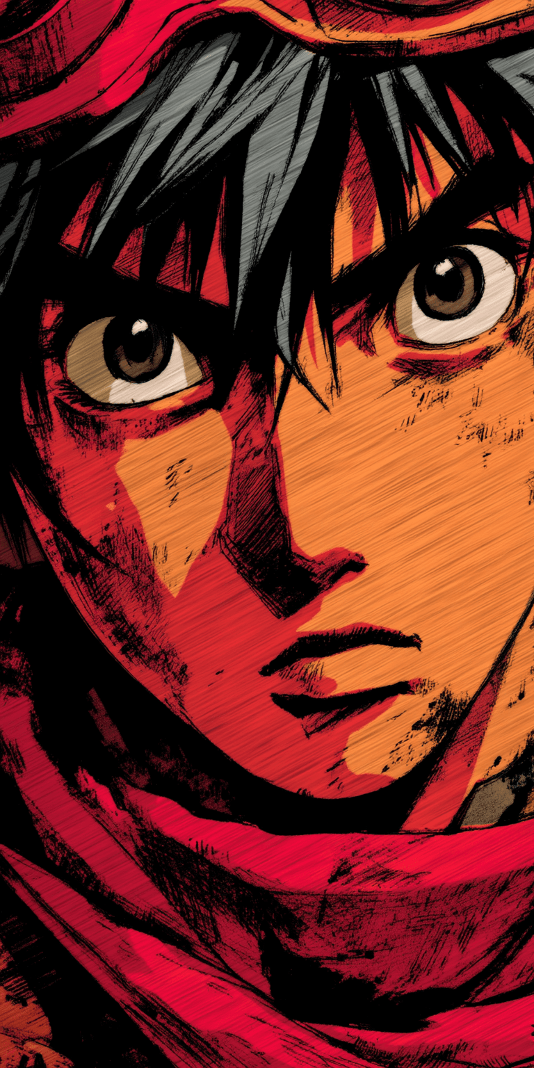 AI generated: manga panel of a close-up, intense, full color, in the style of Kentaro Miura and Yoji Shinkawa --ch...