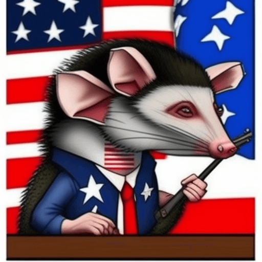 AI generated: an opossum hissing angrily about commies. American flags. Beer. One firearm. Words to display are "h...