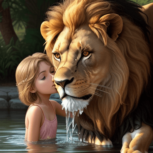 AI generated: A lion drinking water being stroked by a beautiful girl