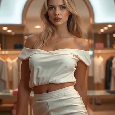 AI generated video: "High resolution fashion photograph, Sony A1 70mm lens, full-body portrait of a gorgeous slender lit...