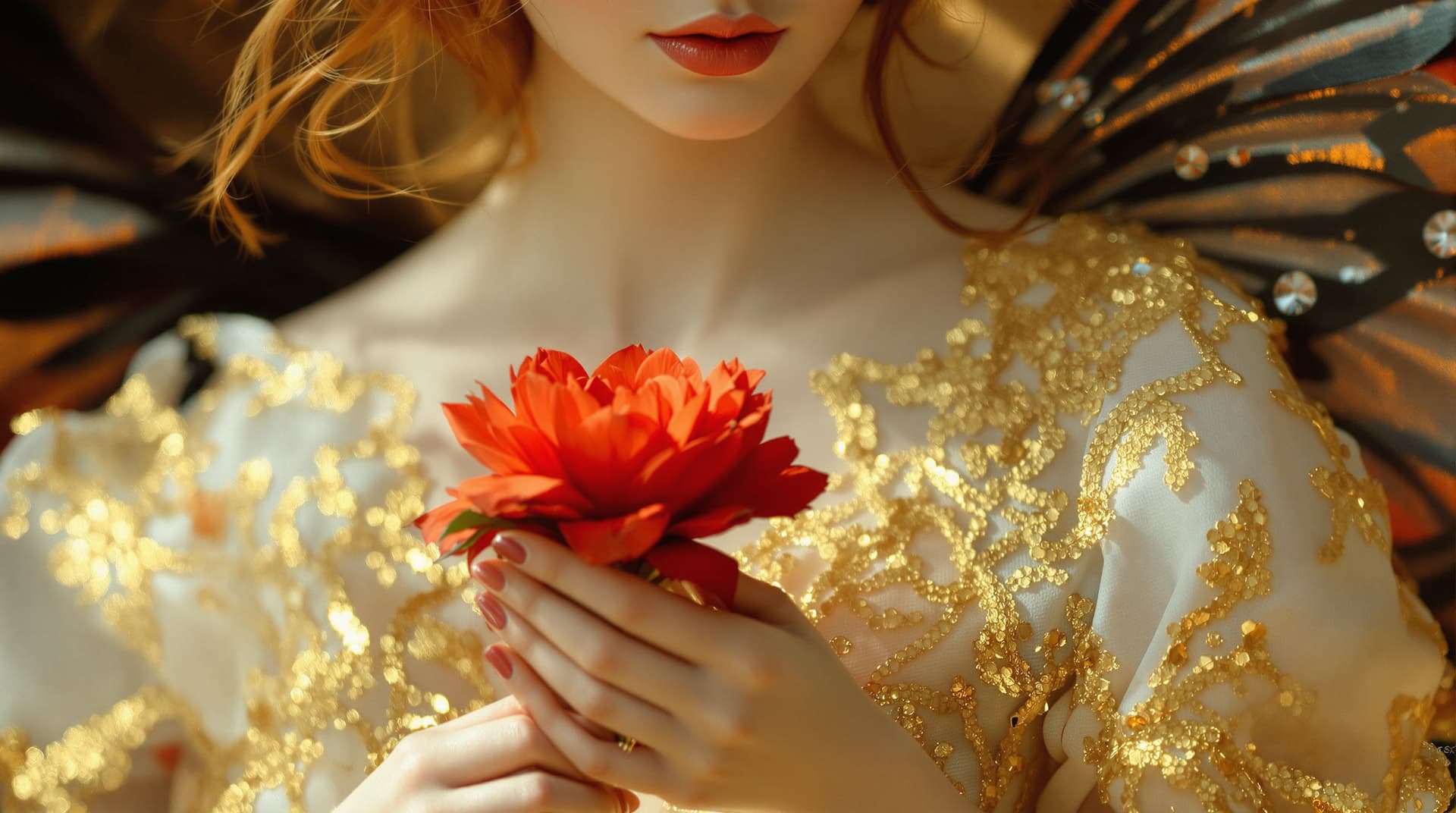 AI generated: Oil painting 
 A beautiful  fairy with black wings and a white and gold lace dress holds a red flow...
