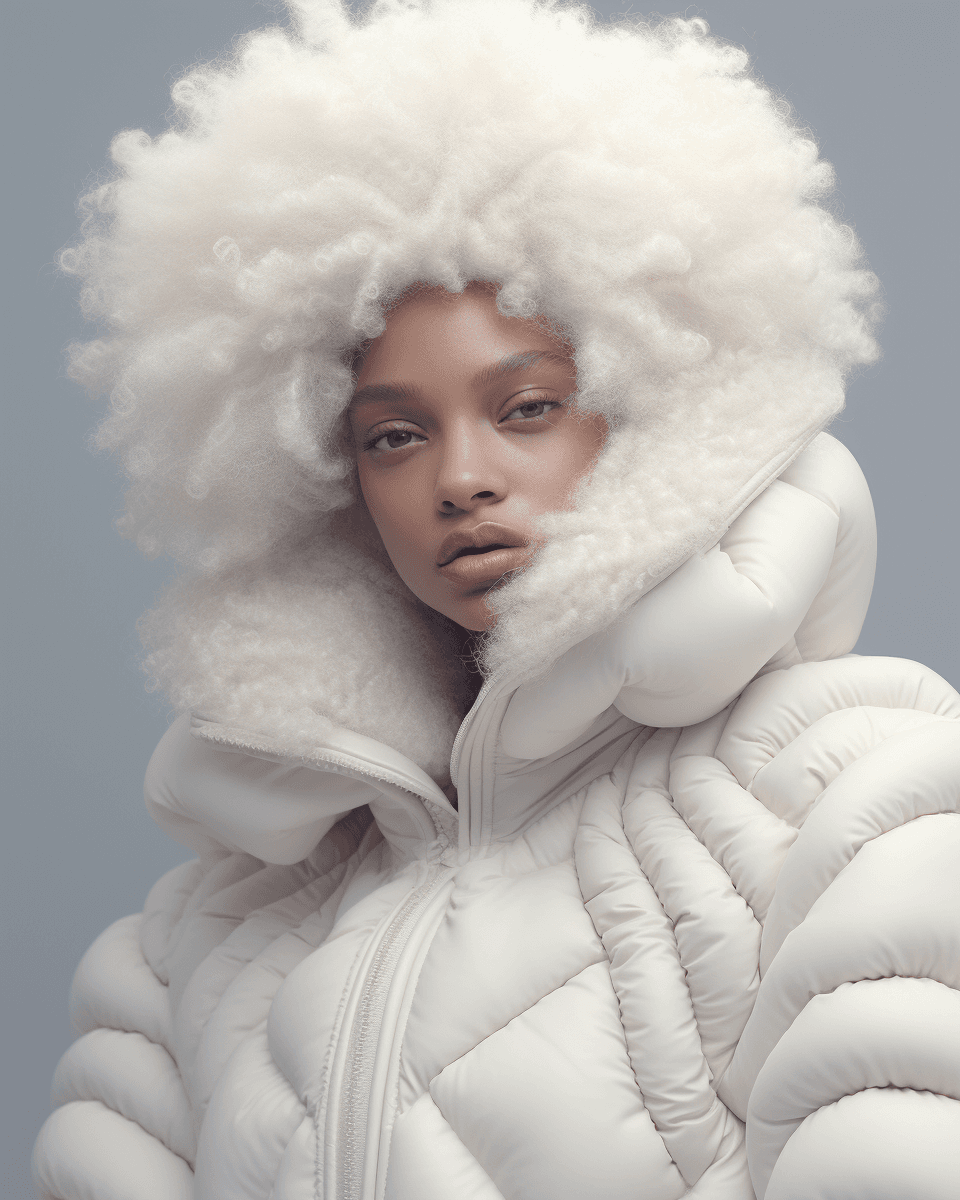 AI generated: beautifull afro 26 y.o girl, model, white hair in milky adidas winter puffer jacket, design trend, d...