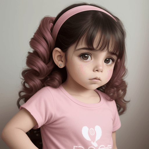 AI generated: una niña de cabello rosado de 5 años usando un pañal de bebe y una playera