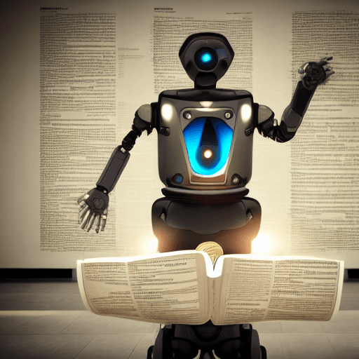 AI generated: robot reading a paper on Artificial Intelligence, reading light, partial light, photo, unreal engine