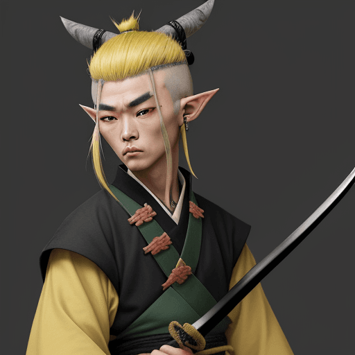 AI generated: old samurai with elf ears gray skin yellow hair shaved on the sides holding a green and black magic ...