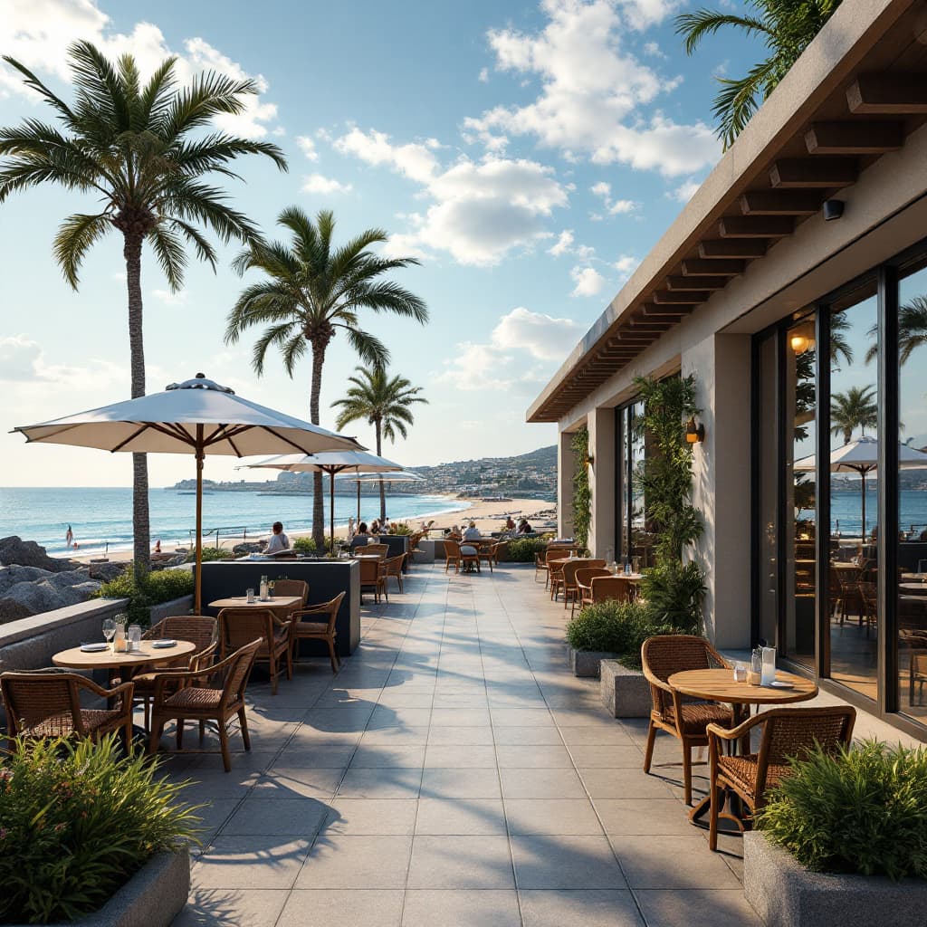 AI generated: Exterior anglemodern Cafe comes restaurant in Cery, Beach view in background, dramatic lighting, sun...