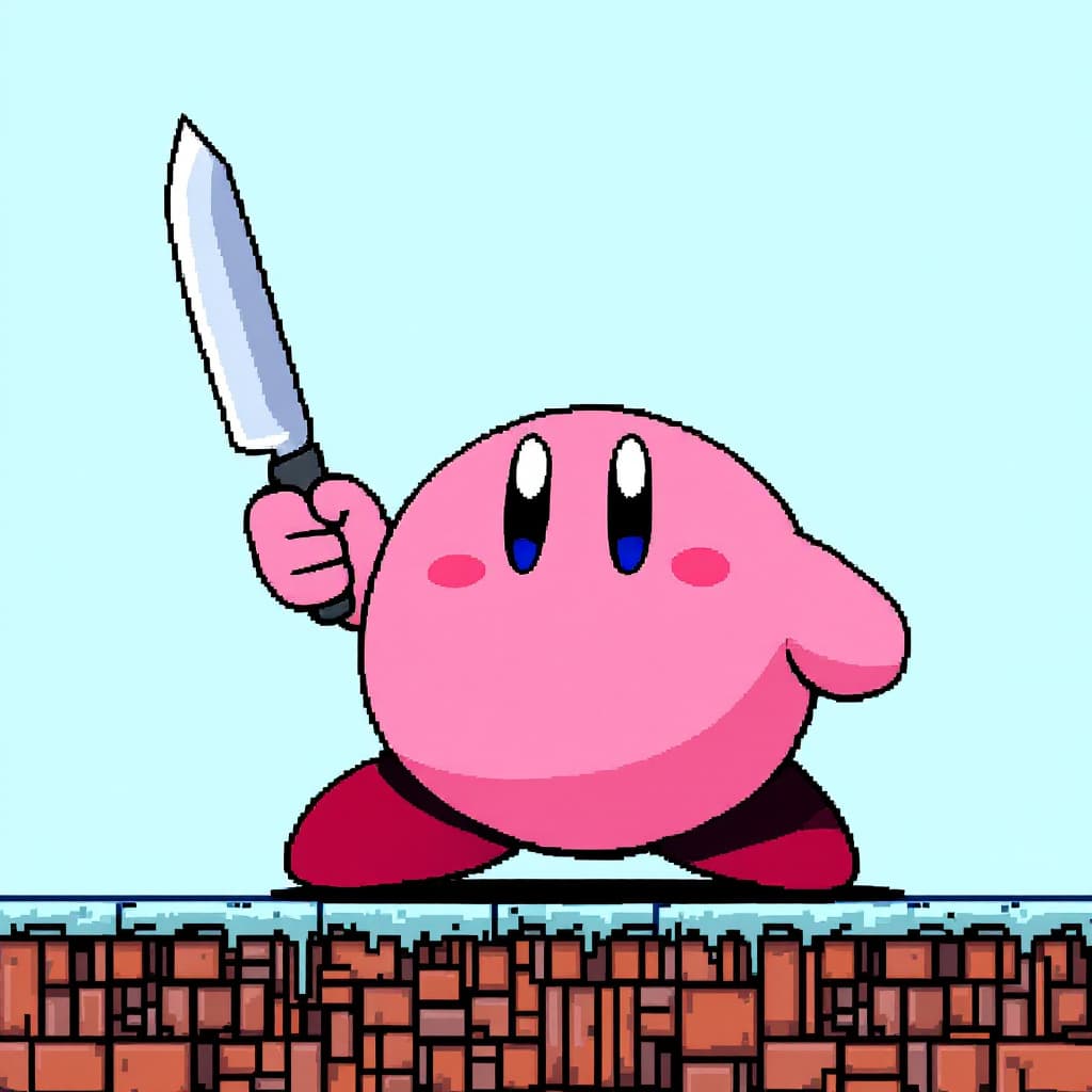 AI generated: Moderno Kirby with a knife no 8 bits look front


