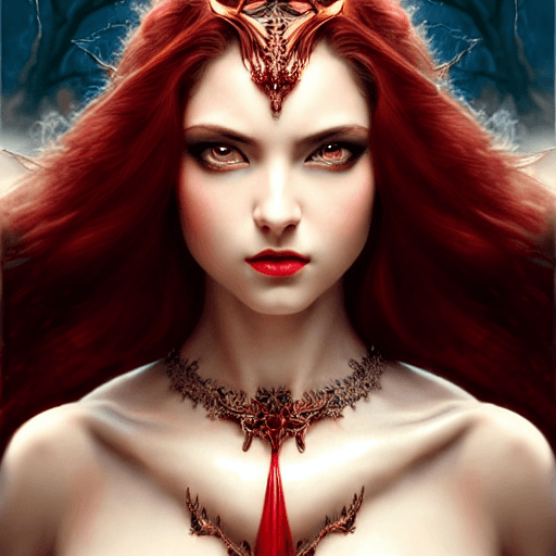 AI generated: a matte painting of an insanely beautiful female goddess of seduction, sharp focus on red eyes, insa...
