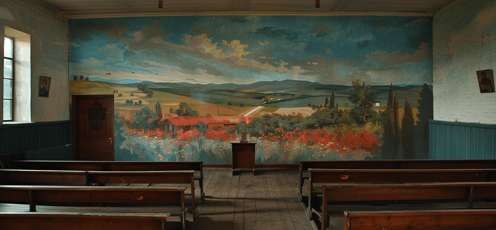 AI generated: a wall mural painted by The artist Patta depicting an open garden with flowers and trees, a long ben...