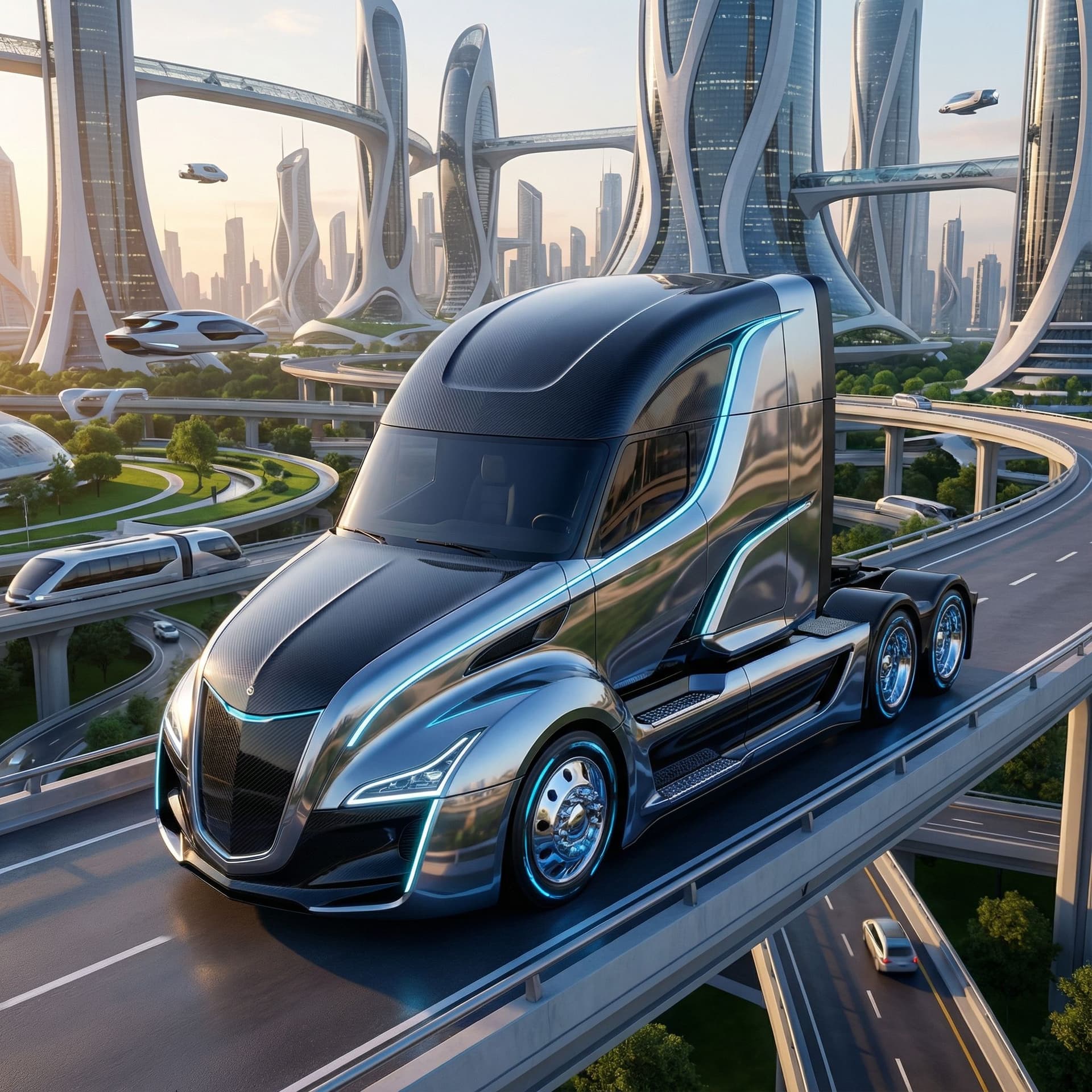 AI generated: Use Reference Images to imagine, in detail, 
The future of Custom Commercial Trucking designs. Carbo...