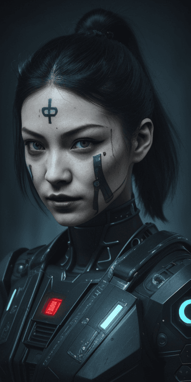 AI generated: Super face Closeup Portrait,(cyberpunk face augmentation:1.45), (black color circuit board tattoos:1...