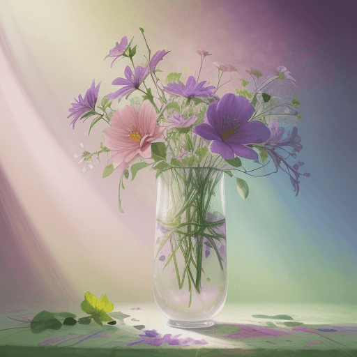 AI generated: Abstract painting of vibrant flowers with pink and purple petals and green stems around each delicat...
