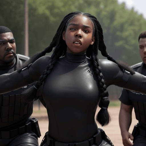 AI generated: Young black girl in braids picked up and dragged by black hefty men in black combat gear, hyper-real...