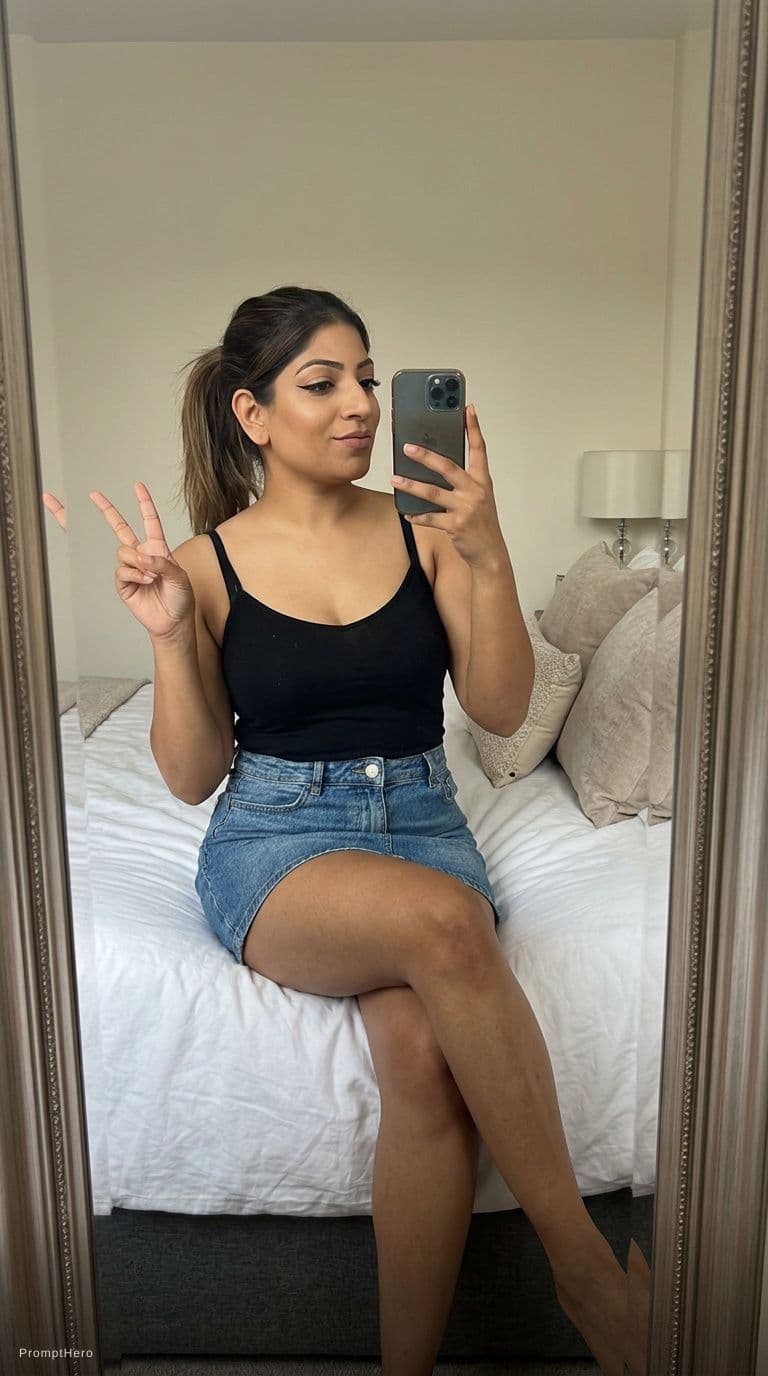 AI generated: Sitting on a bed taking a mirror selfie, doing hand peace sign, ponytail hairstyle, almost no makeup...