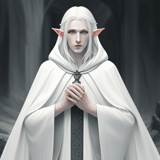 AI generated: Pale elf with white hair wearing a cloak