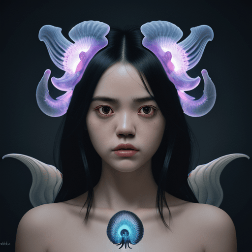 AI generated: Japanesechin,dog, close-up ,portrait . jellyfish phoenix head, nautilus, orchid, skull, betta fish, ...
