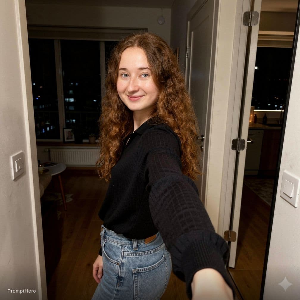 AI generated: Candid amateur POV selfie photograph taken by the girl from photo herself on a smartphone, poor qual...