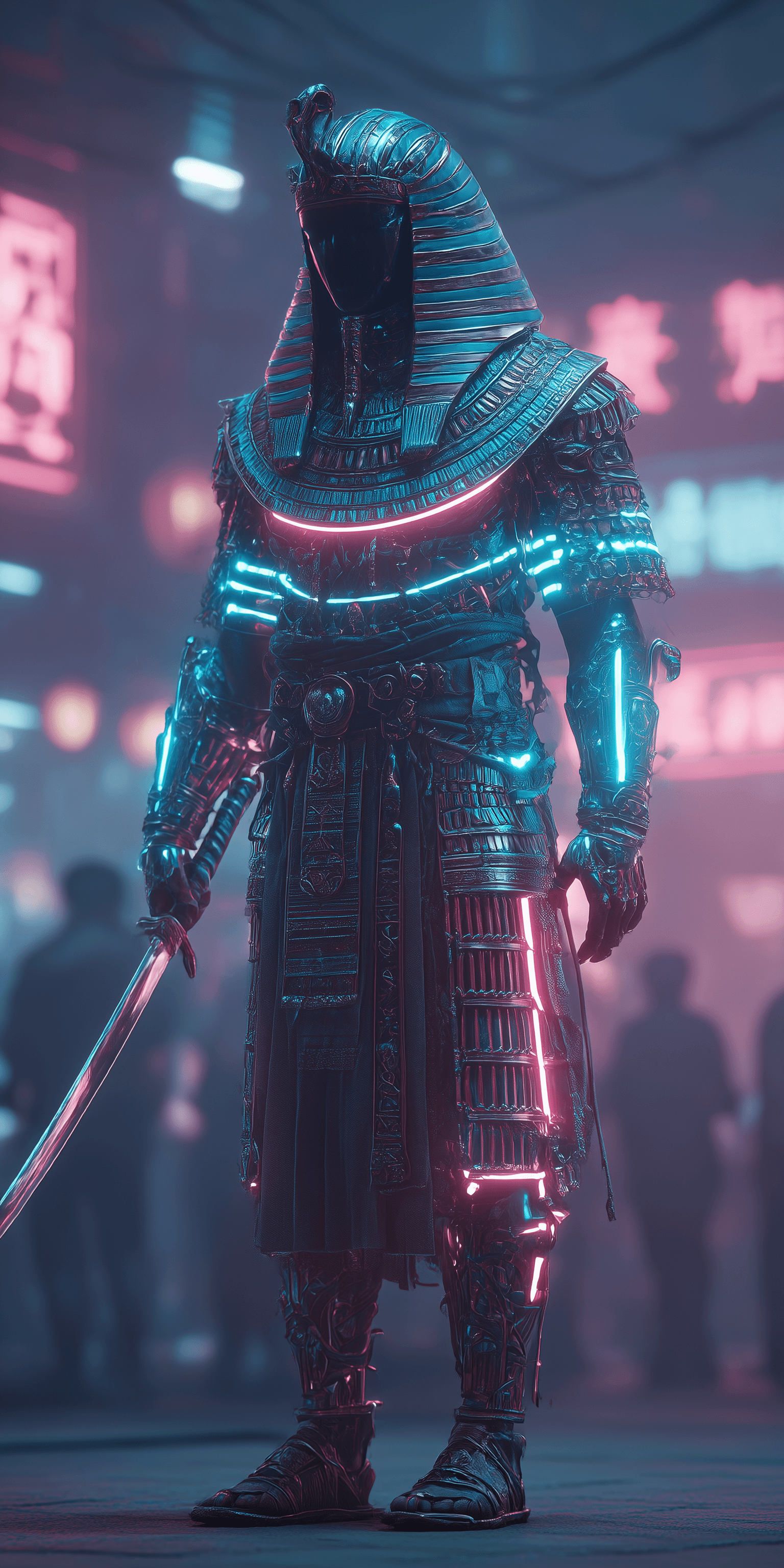 AI generated: A full-body shot of an Egyptian man wearing ornate, ancient Egyptian armor made of neon lights, walk...