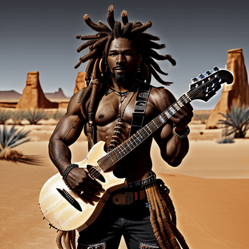 AI generated: black muscular gunslinger with two guns in his hands, in desert town, brown dreadlocks, 8k, guitare ...