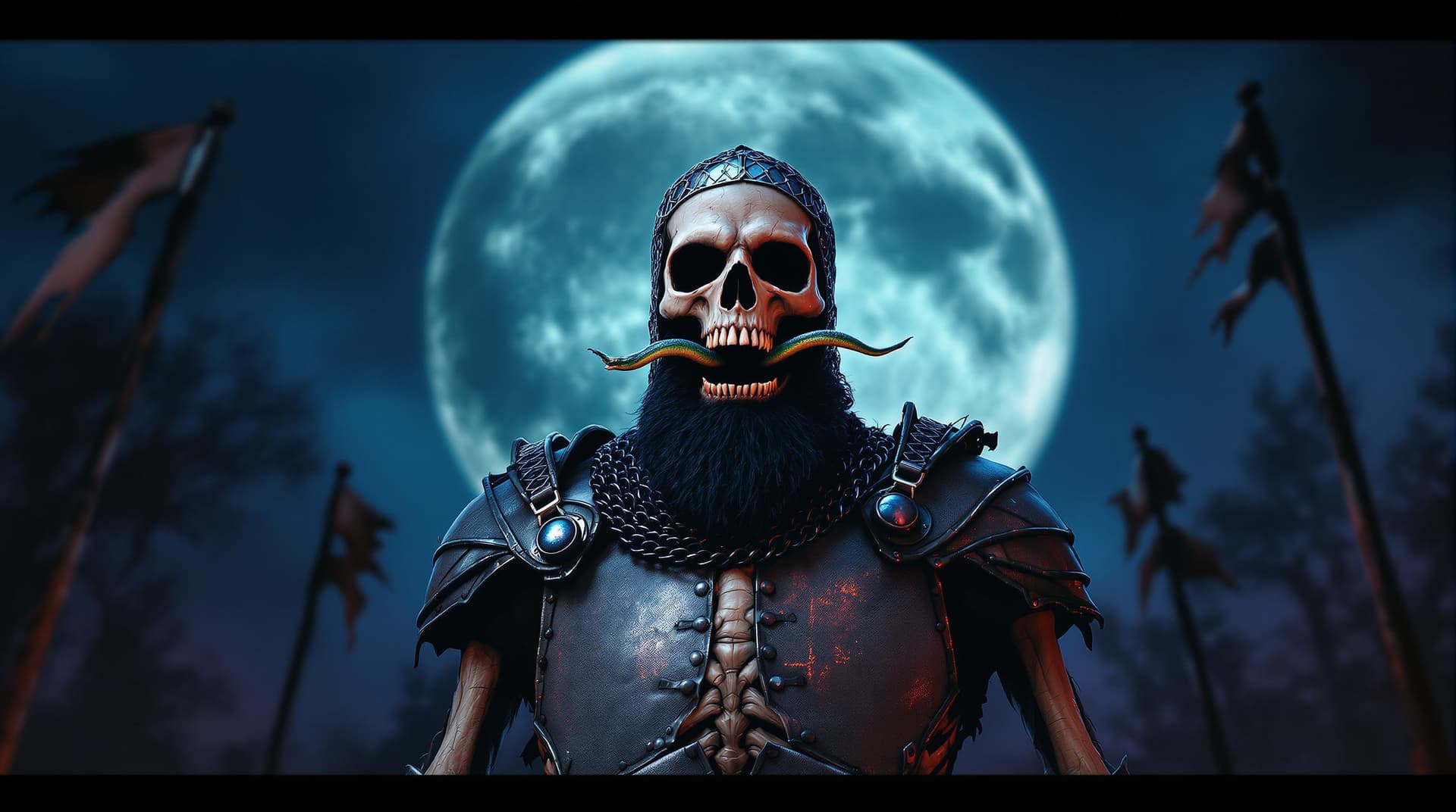 AI generated: an eerie skeletal warrior standing way back in the image in front of a full moon, exuding an eerie a...