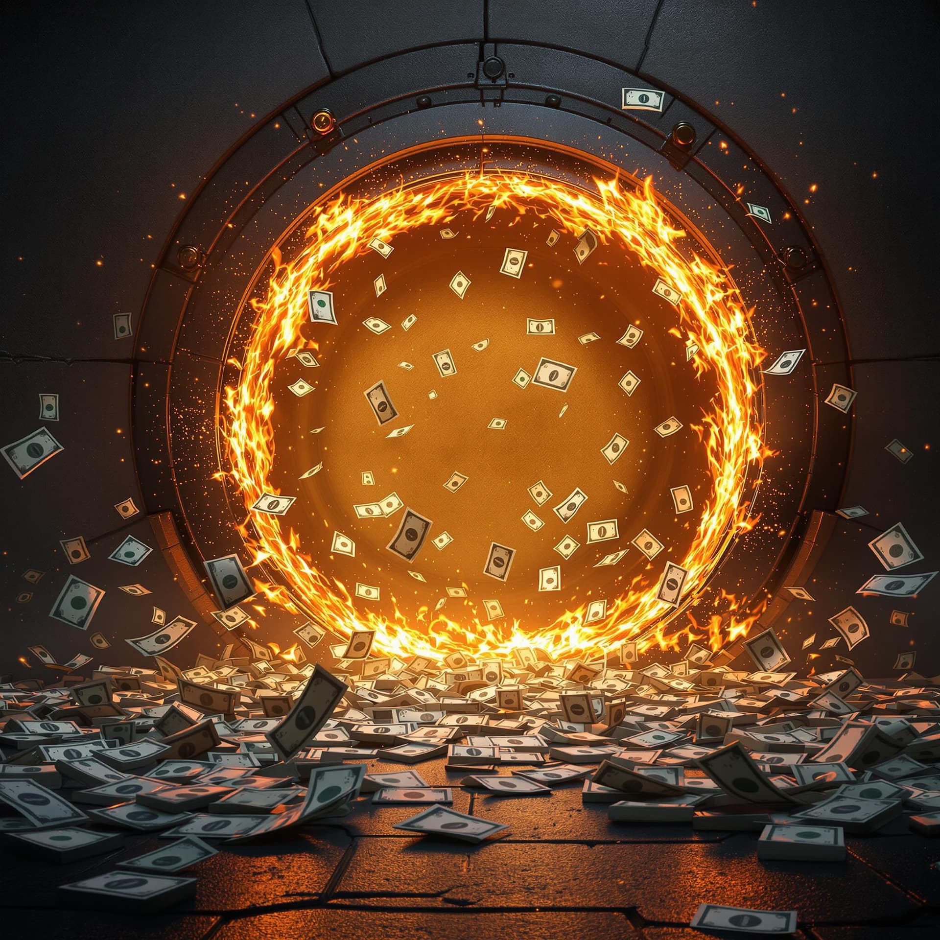 AI generated: back vault blown wide open with fire around the edges money on the floor and hundred dollar bills fa...