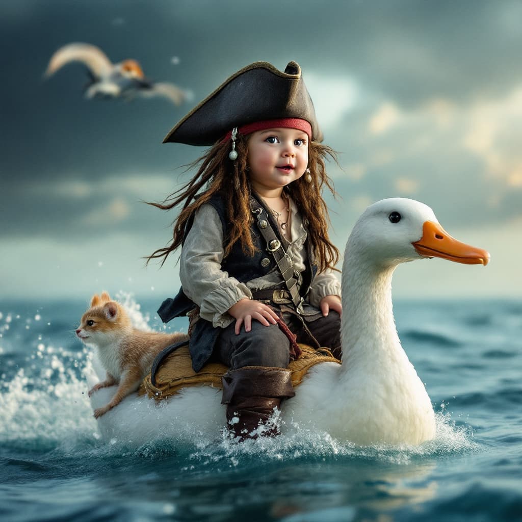 AI generated: I want to create a real video of an 18-month-old toddler wearing Jack Sparrow's costume, riding on t...