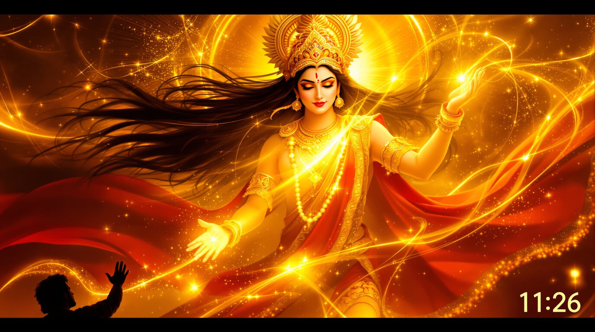 AI generated: A digital artwork depicting a Hindu deity in an ornate golden crown with feather-like decorations, w...