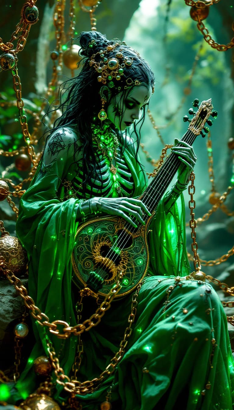 AI generated: "Jade Labyrinth: Luminous Binding": A hyper realistic and ultra detailed photorealistic horrorcore p...