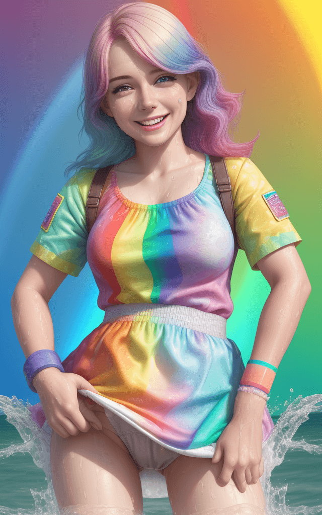AI generated: high quality, diaper, wet, tena pattern, woman, detailed face, rainbow hair, smiling, armband, in pu...