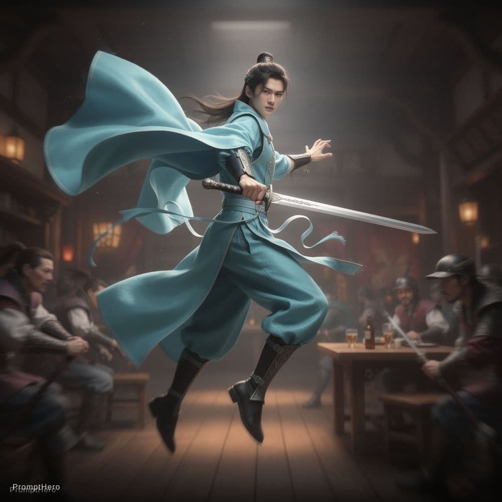 AI generated: Action shot, a handsome young swordsman in cyan silk robes descending from the ceiling, cold and sha...