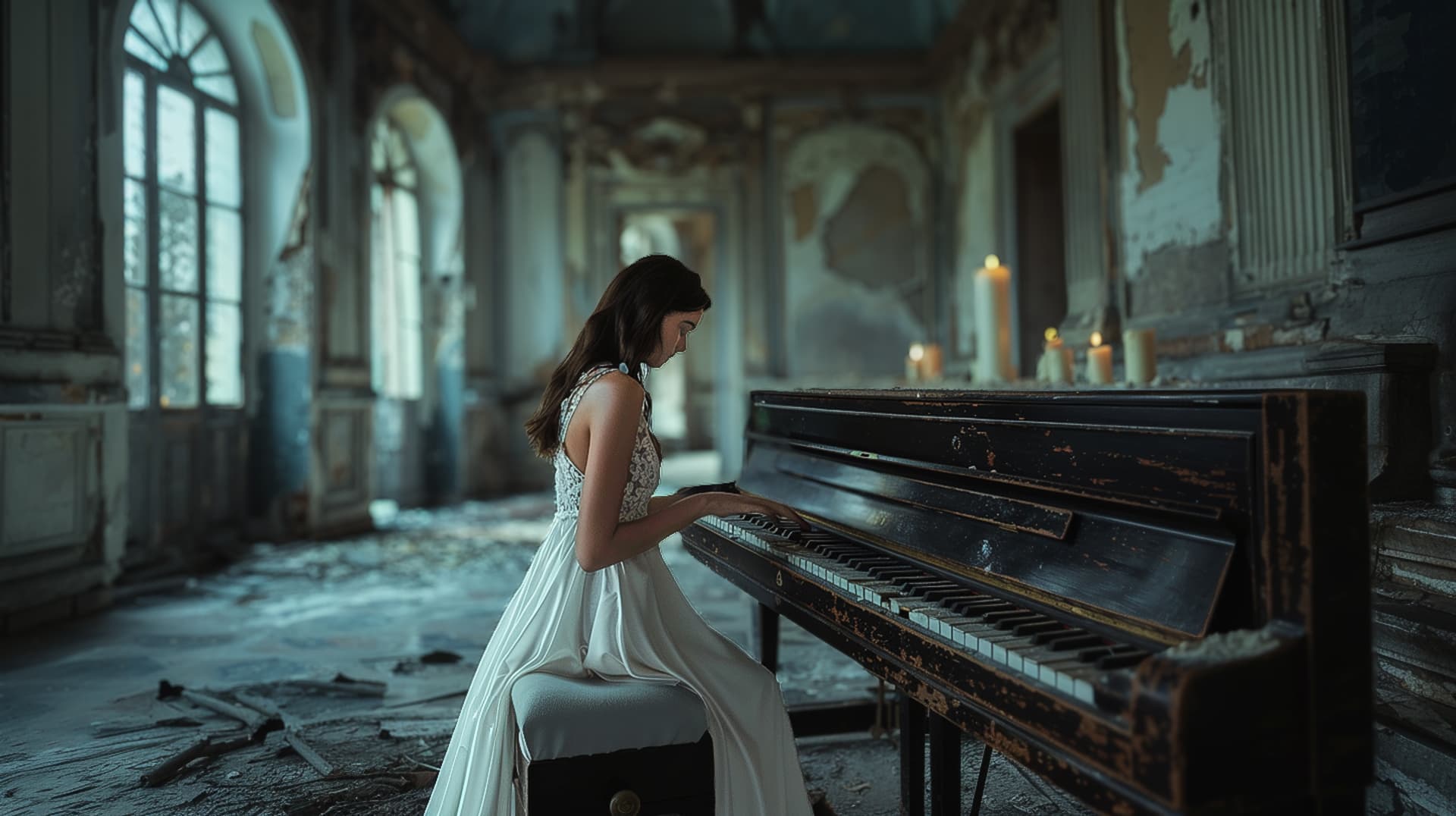 AI generated: a top model Women with small white dress is playing piano in a old empty deserted house , highly rea...