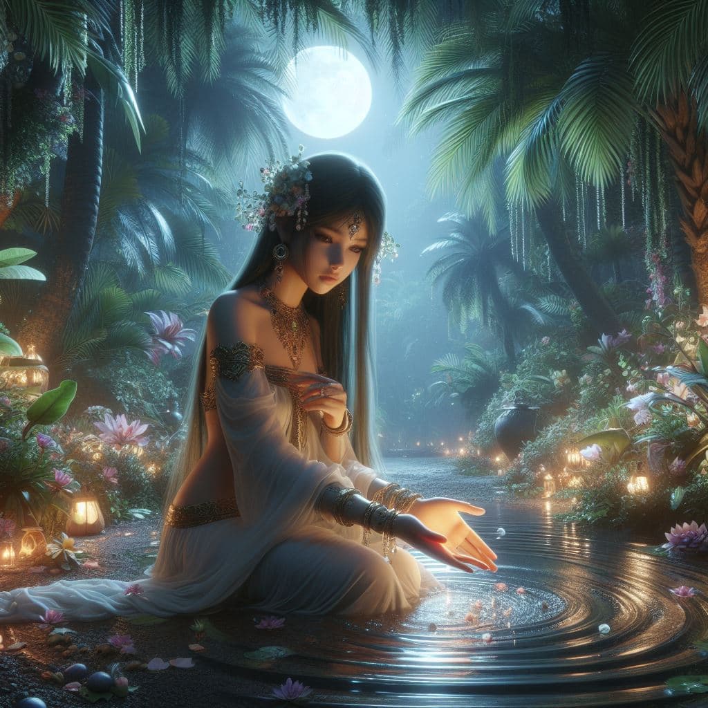 AI generated: an enchanting, mystical scene featuring Ishtar in a lush, moonlit oasis, surrounded by palm trees, f...
