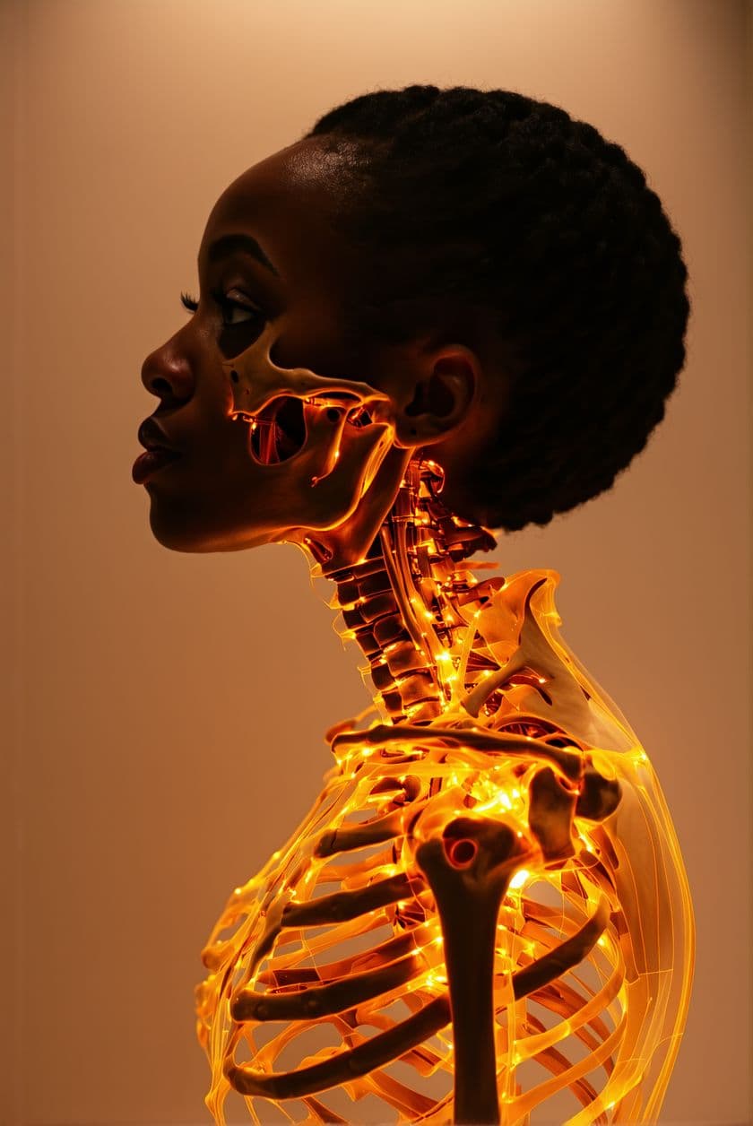 AI generated: The image depicts an African American woman's side profile with an illuminated skeletal structure, s...