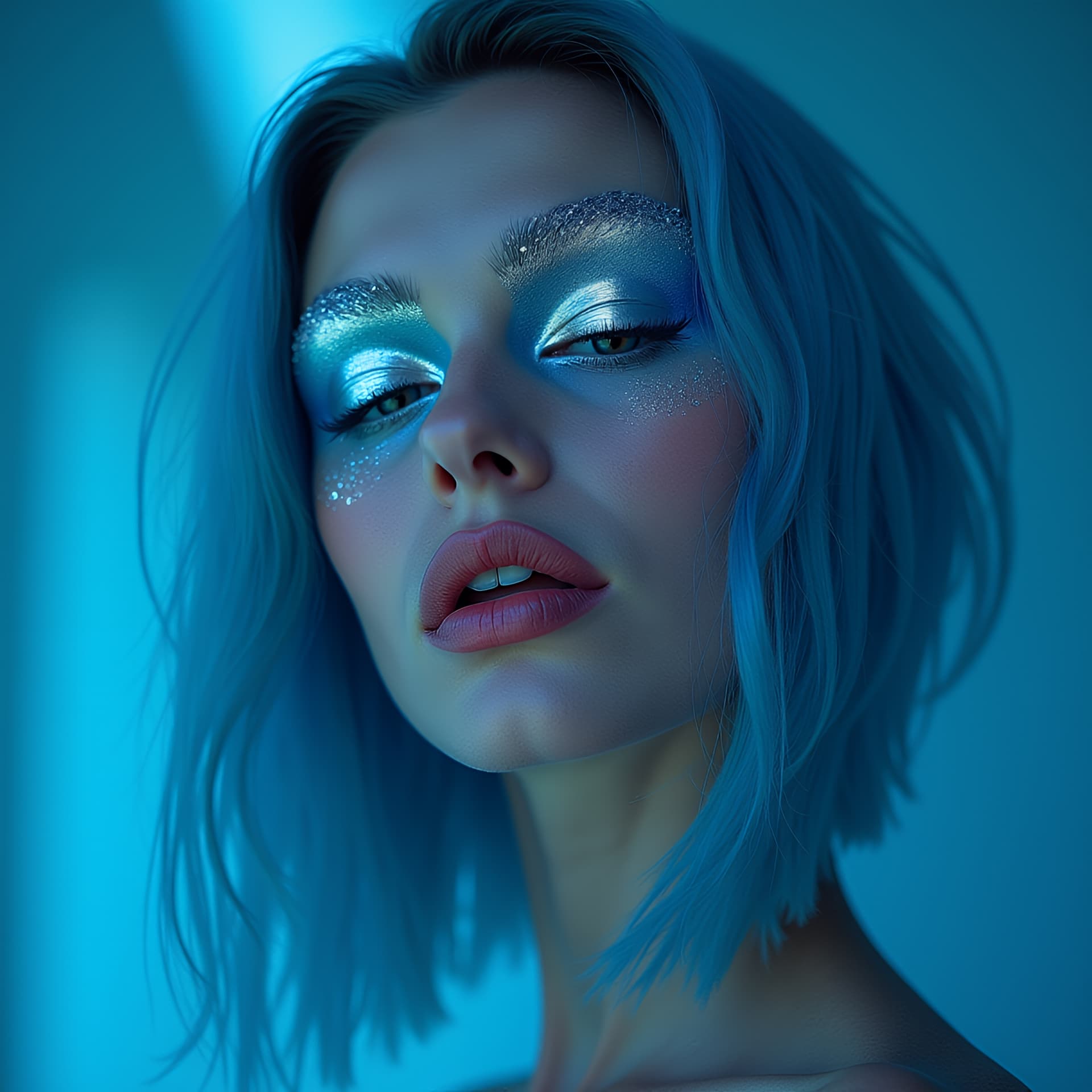 AI generated: futuristic editorial portrait of a 22-year-old French model with chrome silver eyeshadow shaped into...