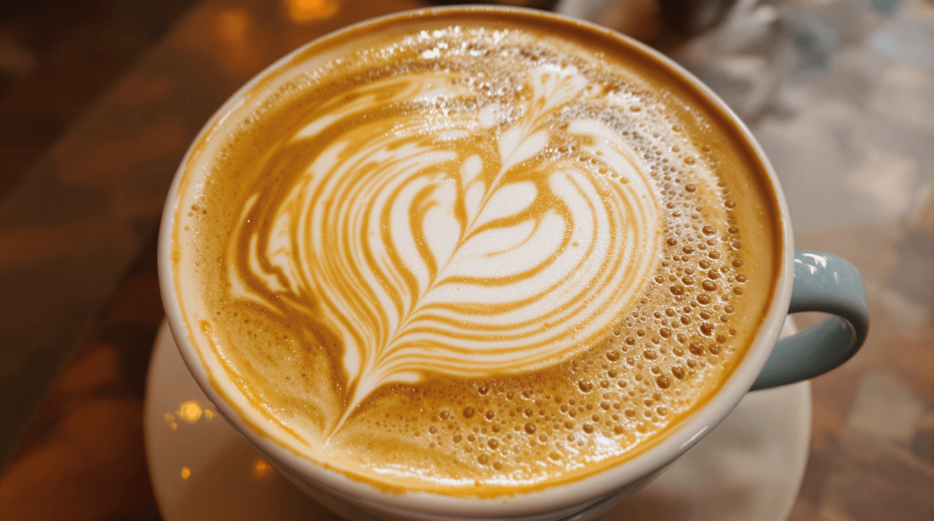 AI generated: A close-up of a latte with intricate latte art, cozy café setting, warm lighting, photorealistic