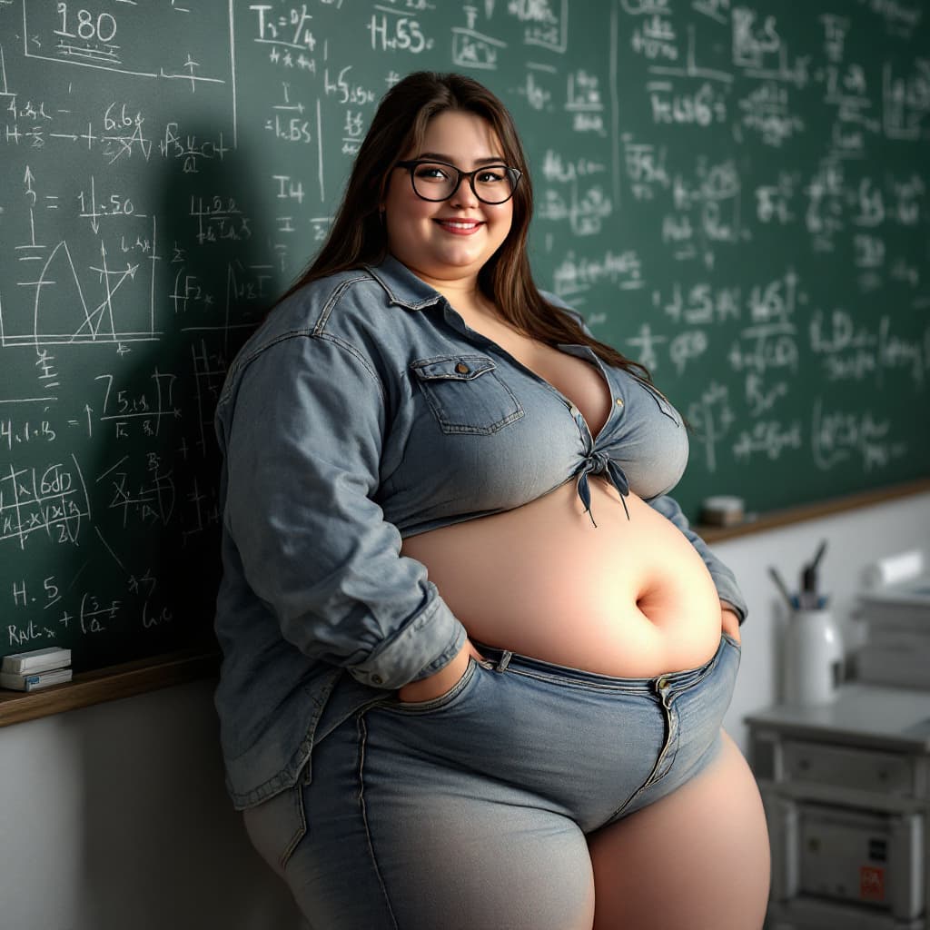 AI generated: Rule 34 | 1girl, absurdres, ass, ass focus, bambooale, brown eyes, chalkboard, denim, glasses, highr...