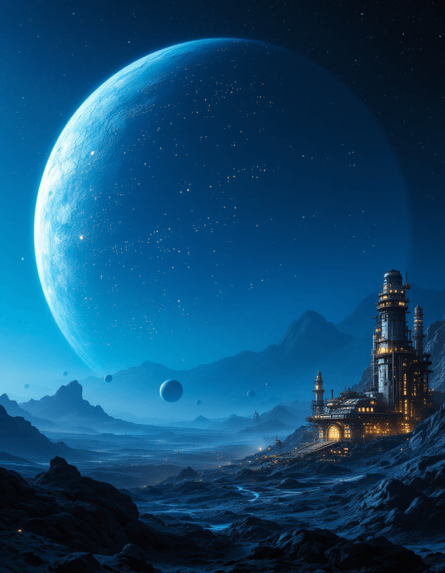 AI generated: Mining Colony in the Asteroid Belt. Deep blue sky. Huge planet-like structure in background with man...