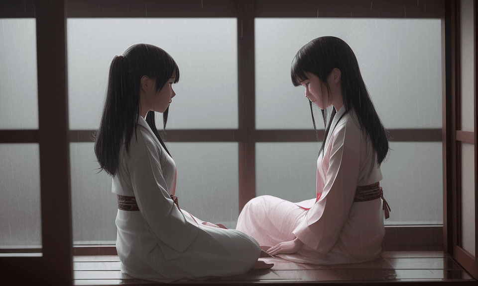 AI generated: a young lady sitting in japhan style room at window side. raining outside