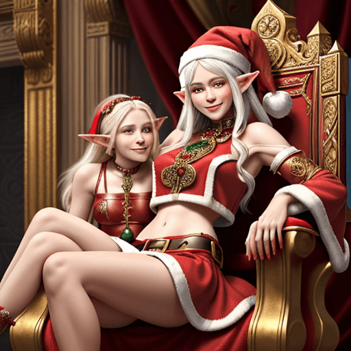 AI generated:       Santa Clause sitting on an ornate Highly detailed Throne, With a beautiful female Elf dressed ...