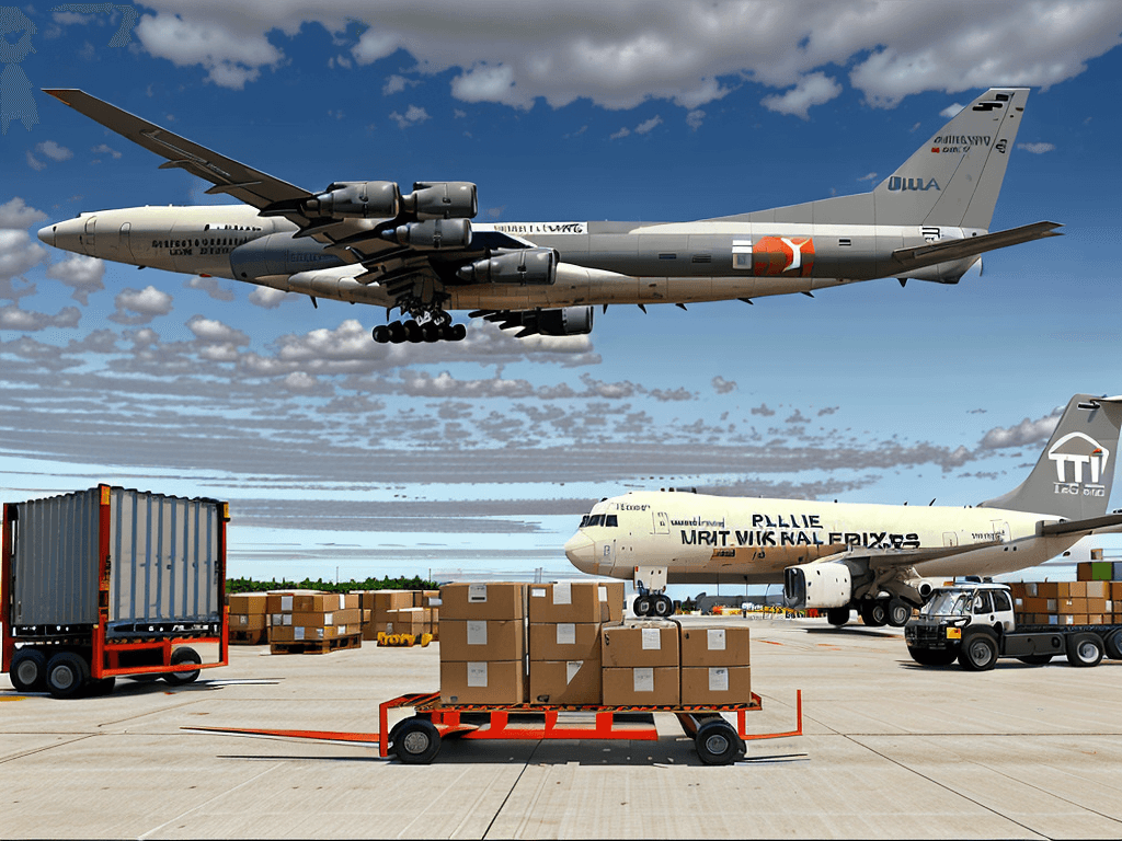 AI generated: The focal point of the image is a cargo plane parked on the tarmac with its cargo doors wide open. W...