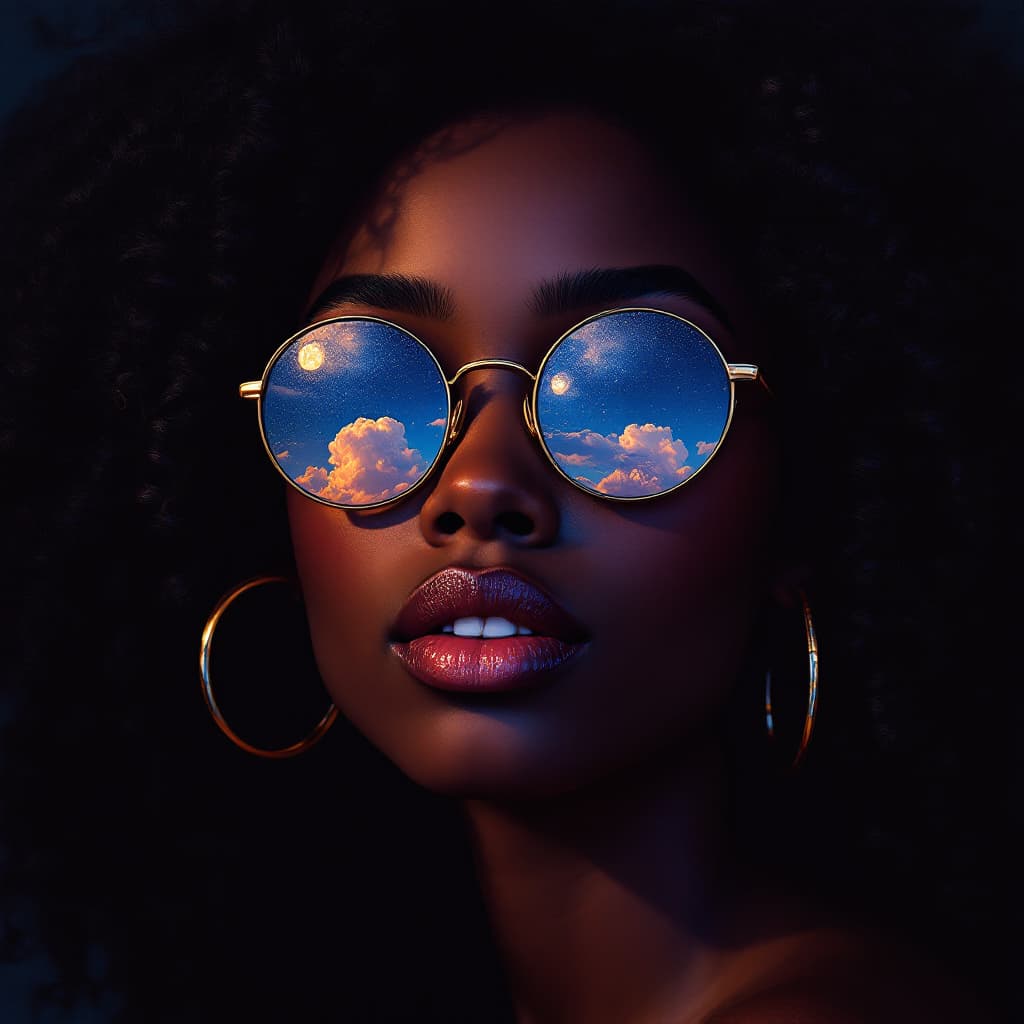 AI generated: portrait of a young african woman with black long curvy hair wearing round glasses, a night sky and ...