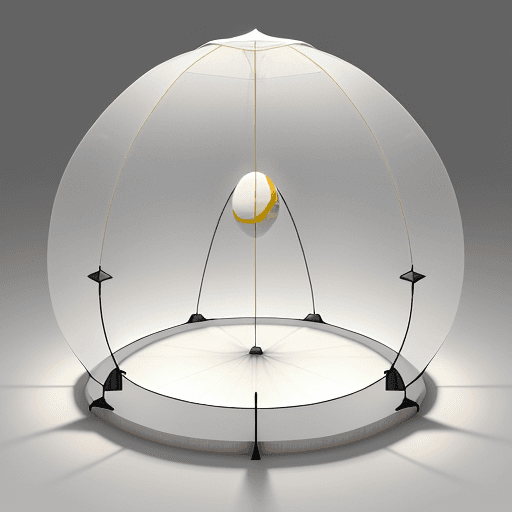 AI generated: an egg-shaped structure covered with a membrane stretched like a tent, it uses a frame of vertical a...