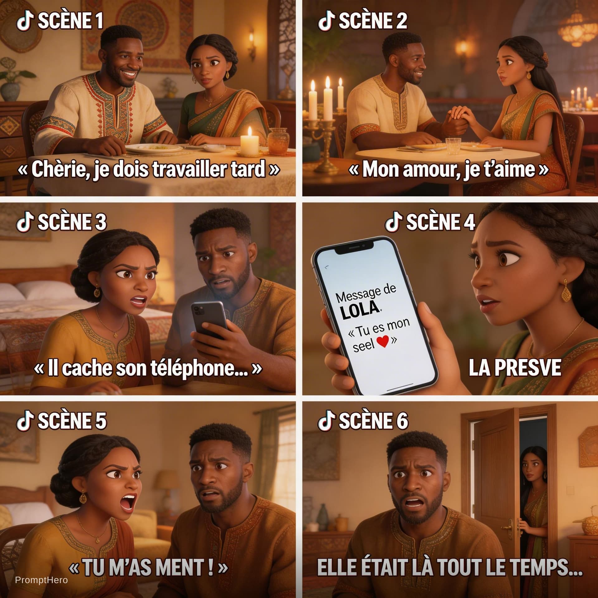 AI generated: prompt histoire africaine 3D cinématographique mari infidèle 6 scènes dialogues suspense format TikT...